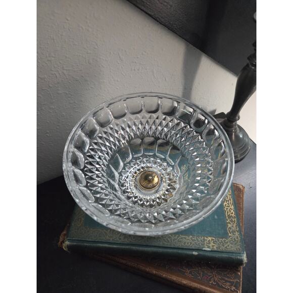 Vintage Cut Crystal Bowl on Marble Pedestal Base with Brass Grapevine Trim 5" - Picture 5 of 7